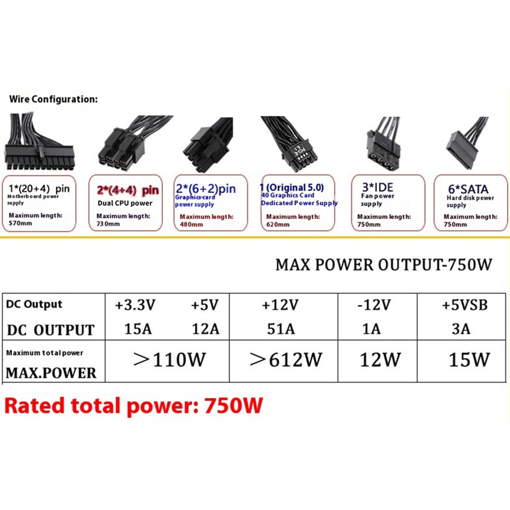 750W PC Power Supply Gaming Source Desktop Computer Power Supply 180-240V For Gaming Computer Servers Spare Part