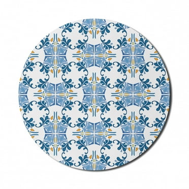 European Mouse Pad for Computers, Roman Tile and Mosaic Design with Famous Eastern Inspired Image Print, Round Non-Slip Thick Rubber Modern Gaming Mousepad, 8" Round, Blue Yellow, by Ambesonne