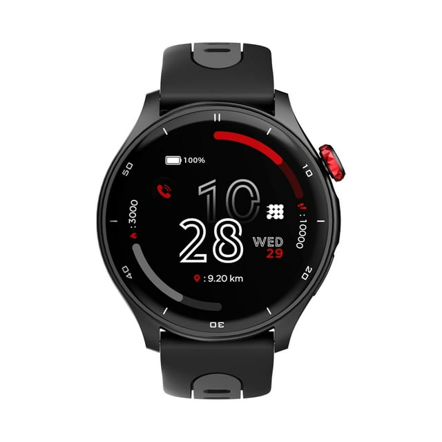 cubitt, smartwatch aura pro, pantalla táctil amoled de 1.43 pulgadas, reloj inteligente con gps, contador de pasos, monitoreo de oxígeno, reloj contra agua, llamadas vía bluetooth, negro — Vista frontal centrada de reloj negro con esfera circular AMOLED 1.43" y pantalla siempre activa que muestra hora, fecha, indicador de batería y métricas de actividad; caja de aluminio con corona giratoria roja y correa deportiva negra. Suele usarse también como control remoto de cámara o reproductor durante entrenamientos.