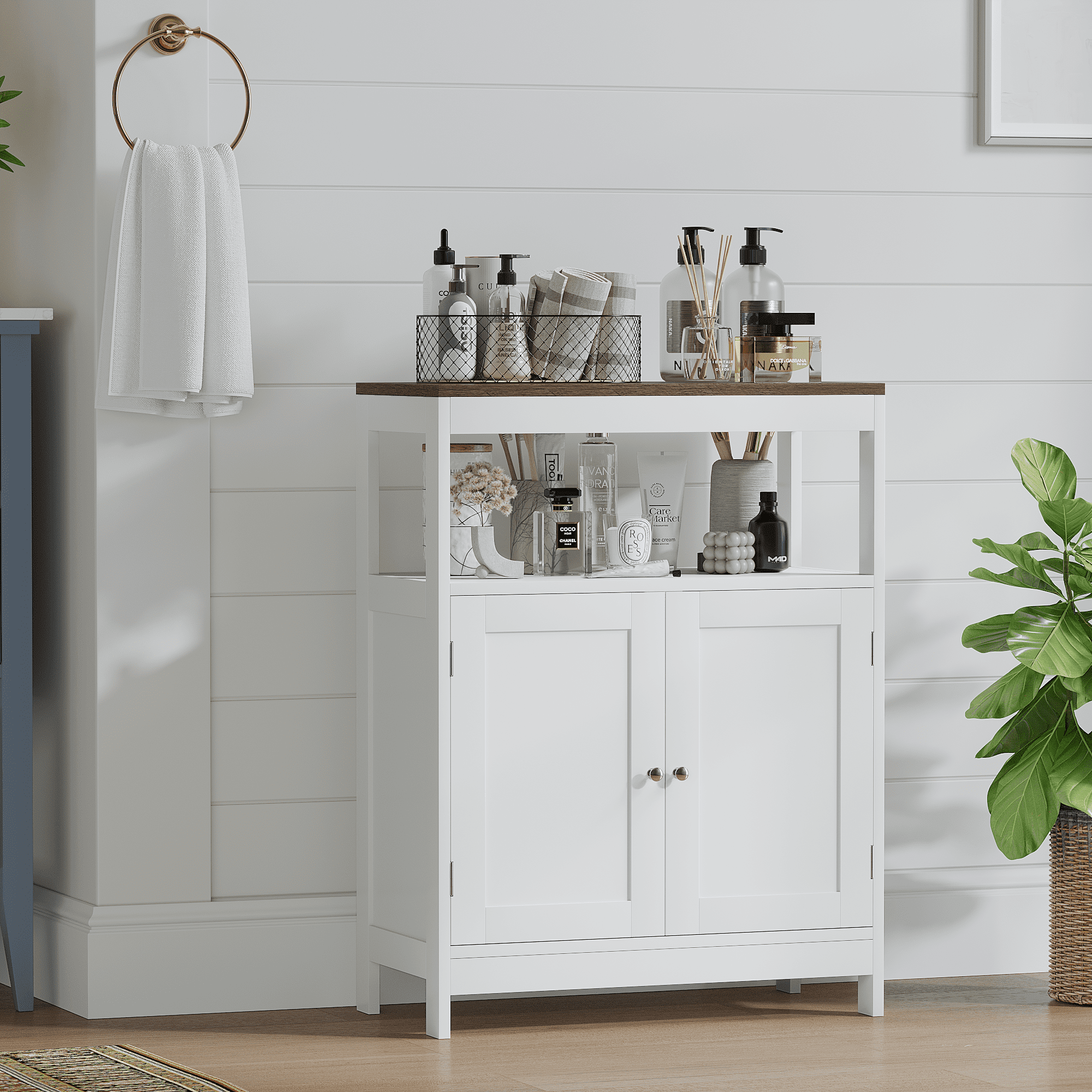 Modern Storage Cabinet with Double Doors, Free-Standing Bathroom Cabinet with Adjustable Shelf and Natural Wood Top, Multi-Purpose Organizer for Kitchen, Living Room, Bathroom or Entryway – White
