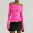 thumbnail image 2 of FAIWAD Women Off Shoulder Crop Tops Long Sleeve Slim Stretch Ruched Solid Color Pullover Tops, 2 of 5