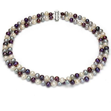Dark Multi-Color Freshwater Pearl Necklace for Women, Sterling Silver 2 Row 17 & 18 7x8mm