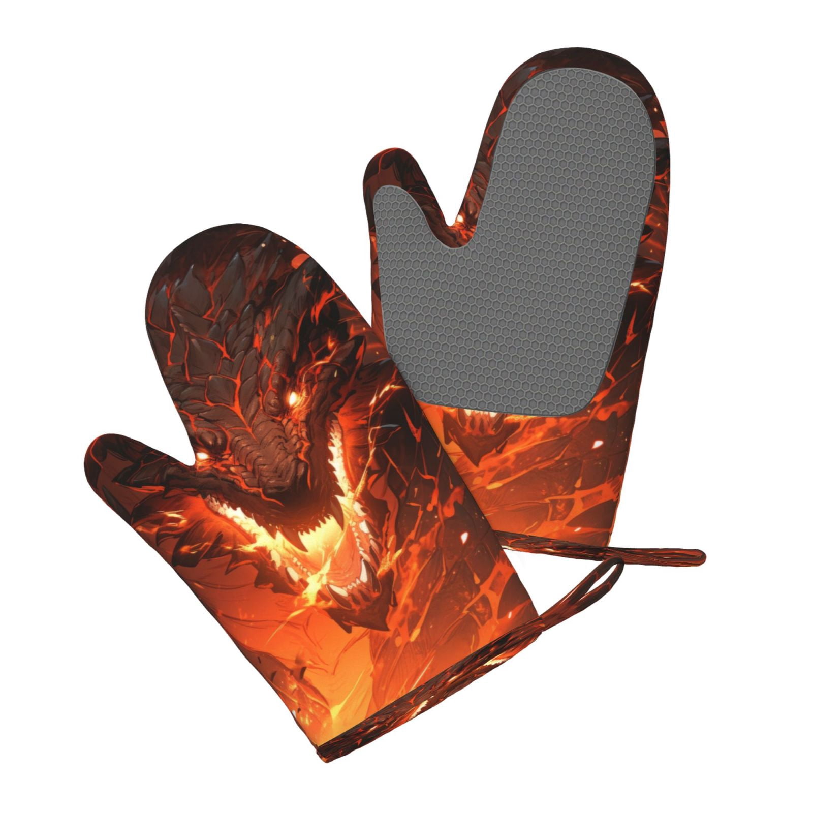 Hirioo Magma Fire Black Dragon for Silicone Oven Mitts for BBQ, Baking, Cooking, Set of 2, Heat Resistant 260℃, Non-Slip Kitchen Essentials