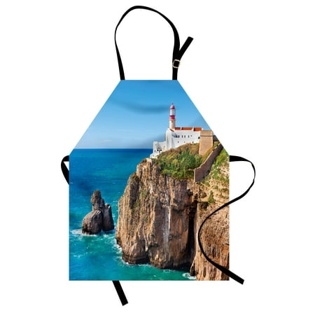 Seaside Rocks - Lighthouse Apron Daytime Rocky Lighthouse Shore Seaside Rocks Building Cliff Sunny Day Clear Sky, Unisex Kitchen Bib Apron with Adjustable Neck for Cooking Baking Gardening, Multicolor, by Ambesonne