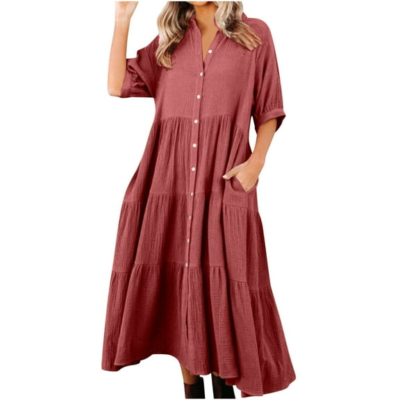 Timegard Womens Dresses Ruched Button up 3/4 Sleeve Ruffle Lightweight Casual Shirts Dress with Pockets