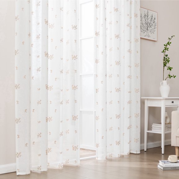 Sleep Zone Floral Embroidered Sheer Linen Curtains Pack of 2, Lace Semi Curtain Living Room, Beige Cream 52" x 63"