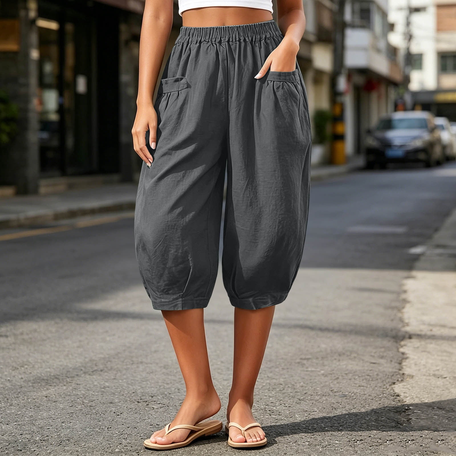 Womens High Waisted Wide Leg Balloon Pants Elastic Waist Pull On
