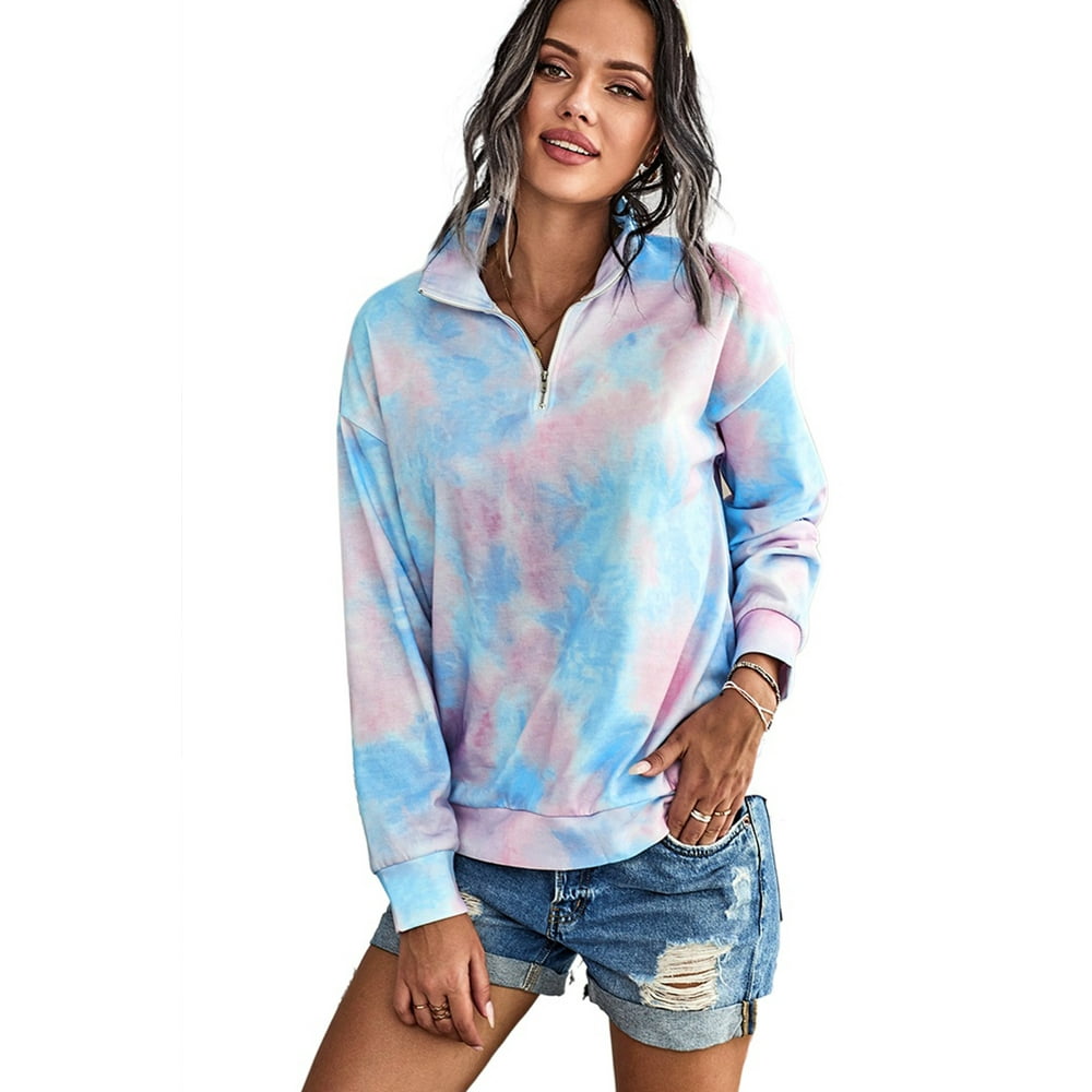 Cali Chic - Juniors' Sweatshirt Celebrity Sky Blue Tie-Dye Mock Neck Zip Sweatshirt (multi ...