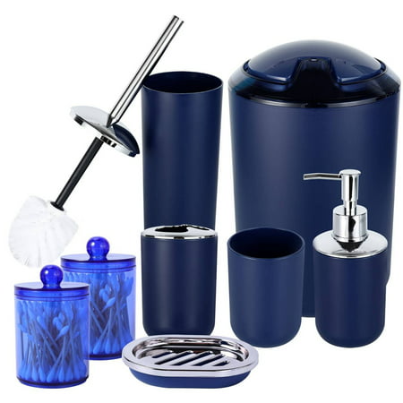 iMucci Navy Blue Bathroom Accessories Set of 8, with Toothbrush Holder,Toothbrush Cup,Soap Dispenser,Soap Dish,Toilet Brush Holder,Trash Can,Cotton Swab Box,Plastic Bathroom Set for Home and Bathroom