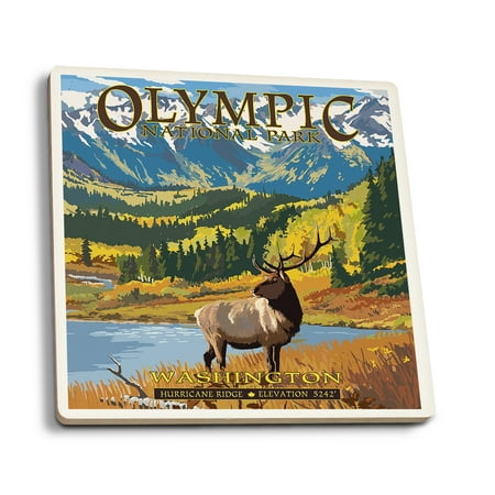 

Olympic National Park Washington Hurricane Ridge and Elk (Absorbent Ceramic Coasters Set of 4 Matching Images Cork Back Kitchen Table Decor)