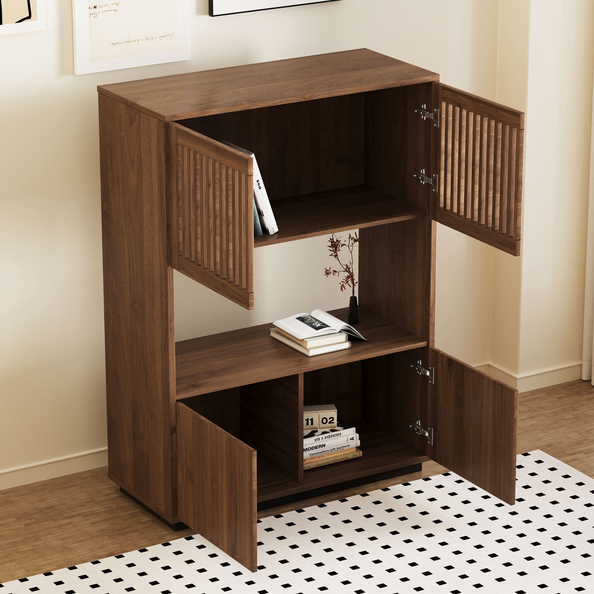 NessCarsti Modern Storage Cabinet, 4 Doors, Shelves, Walnut Brown, 33.46"