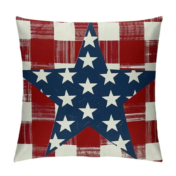 Creowell Patriotic 4th of July Pillow Covers Memorial Day Pillowcase Outdoor Independence Day Decor for Couch Sofa Blue Stars and Red Check Design White