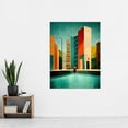 thumbnail image 2 of Midcentury Style Cityscape Skyline Painting Orange Teal Ochre Extra Large XL Wall Art Poster Print, 2 of 3