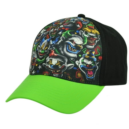 Creepy Clown Scary Crazy Sublimated Hat Cap Black Neon Green Adjustable Juggalo
