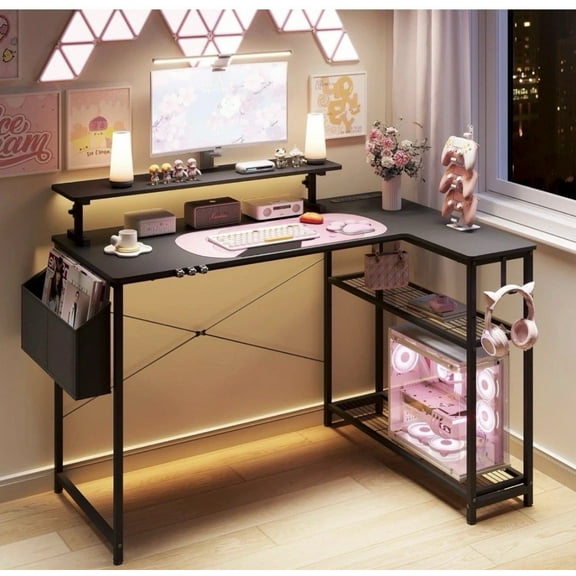 LYYHTY L-Shaped Gaming Desk 43-Inch Black with Pink Cat Accessories, Built-in Power Outlet, Monitor Shelf, Side Storage, Sturdy Metal Frame for Gamers & Home Office