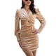 thumbnail image 1 of Vestido plisado de terciopelo color caqui de moda para mujer, escote en V, manga larga abullonada y estilo pervertido, 1 of 6