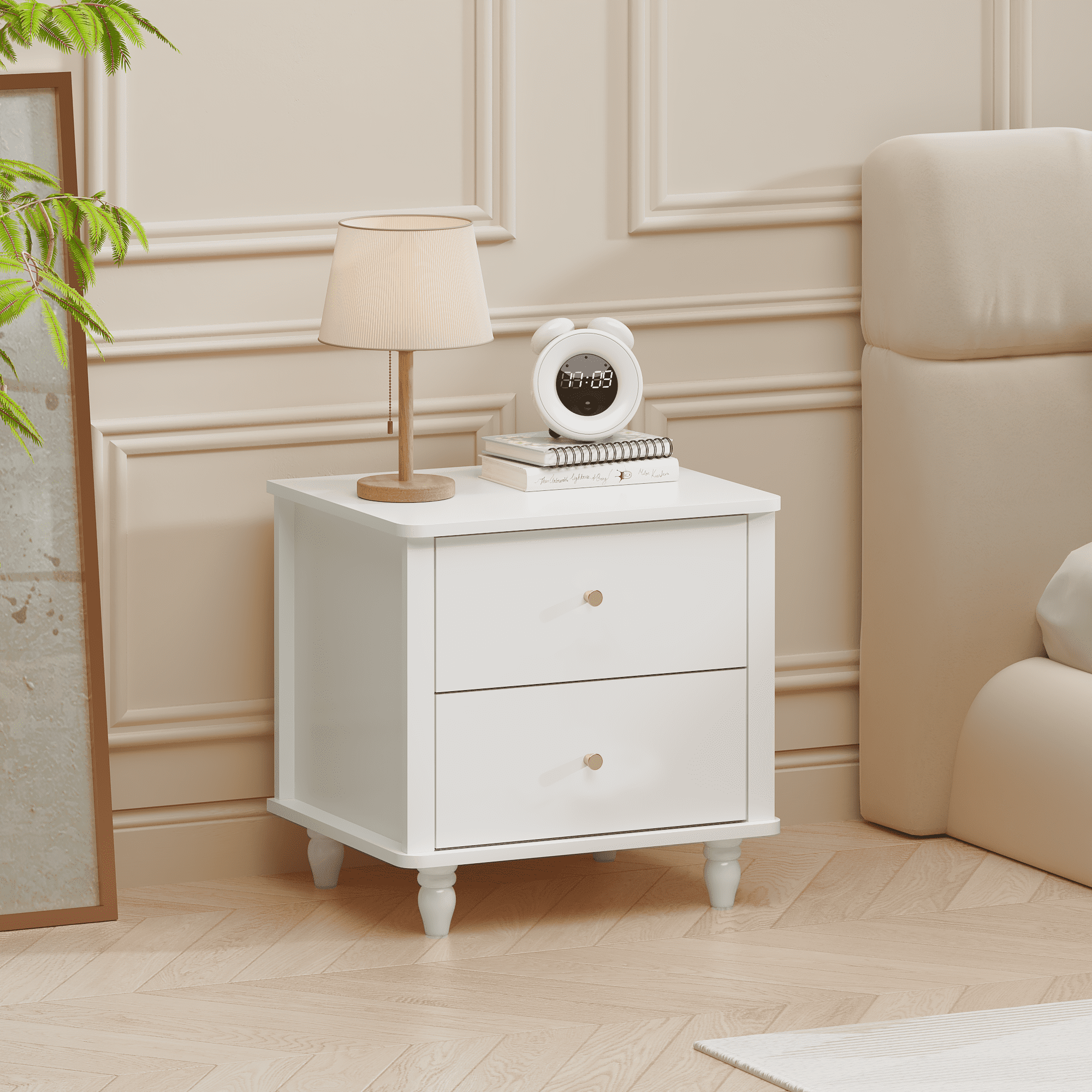 Leumius 2-Drawer Nightstand,Modern Bedside Table with Round Knobs,Small End Table for Bedroom/Living Room/Kids Room,White