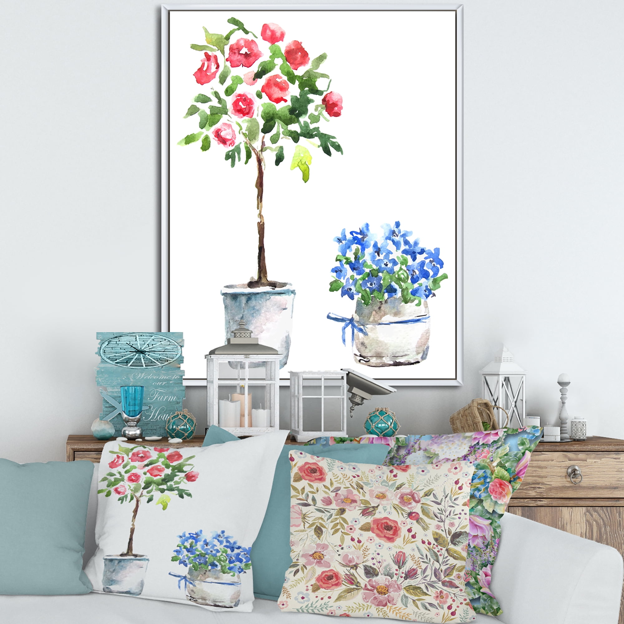 Designart 'Red and Blue Houseplants' Traditional Framed Canvas Wall Art Print