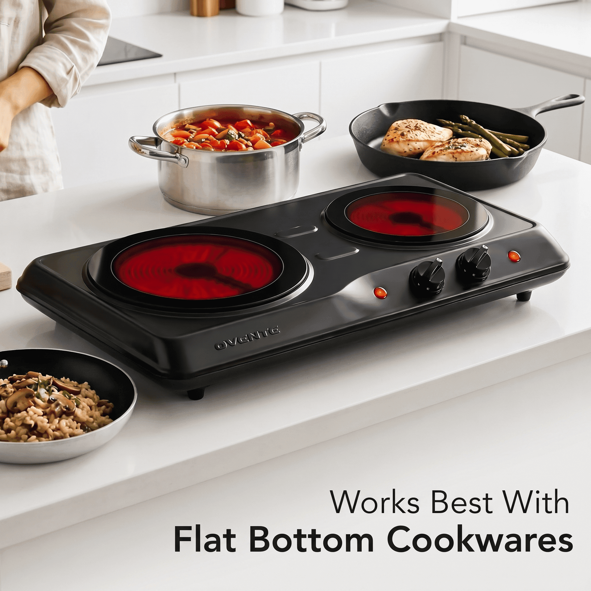 OVENTE Electric Infrared Double Burner, 1700W Hot Plate, Black BGI102B | Portable Stove with 7.75" and 6.75" Ceramic Glass Cooktop, 5 Level Temperature Setting and Easy to Clean Base