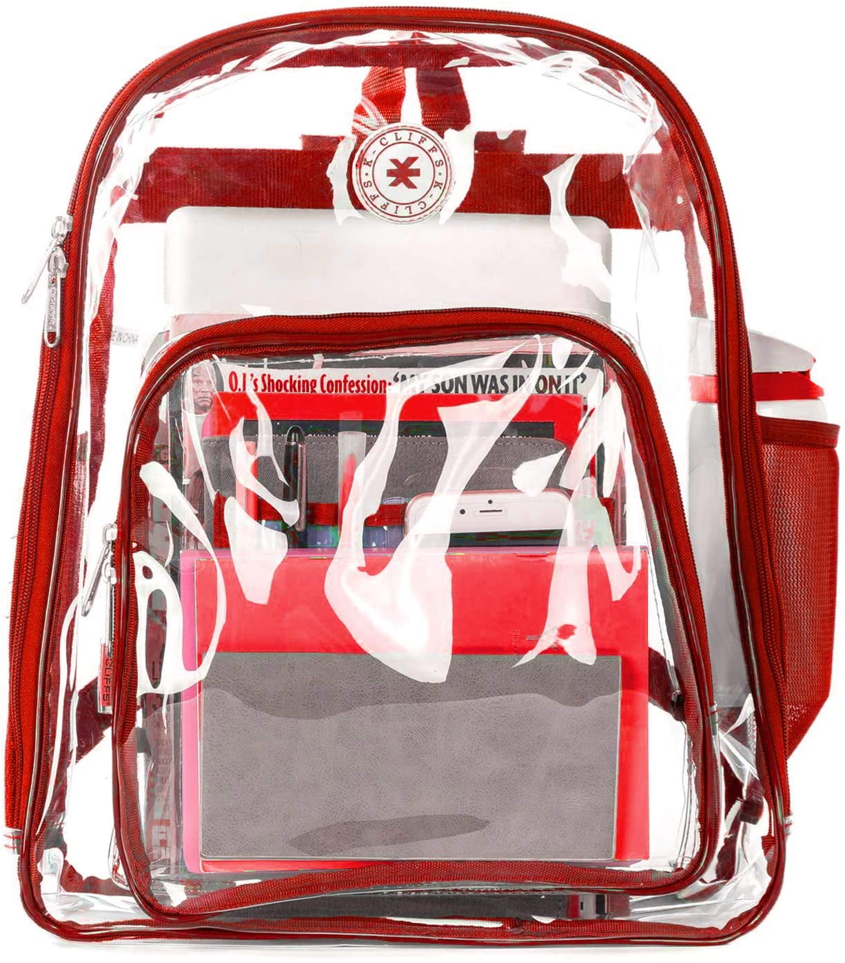 K-Cliffs Unisex Heavy Duty Clear Backpack See Through PVC Work Security Bag Transparent Workbag Red