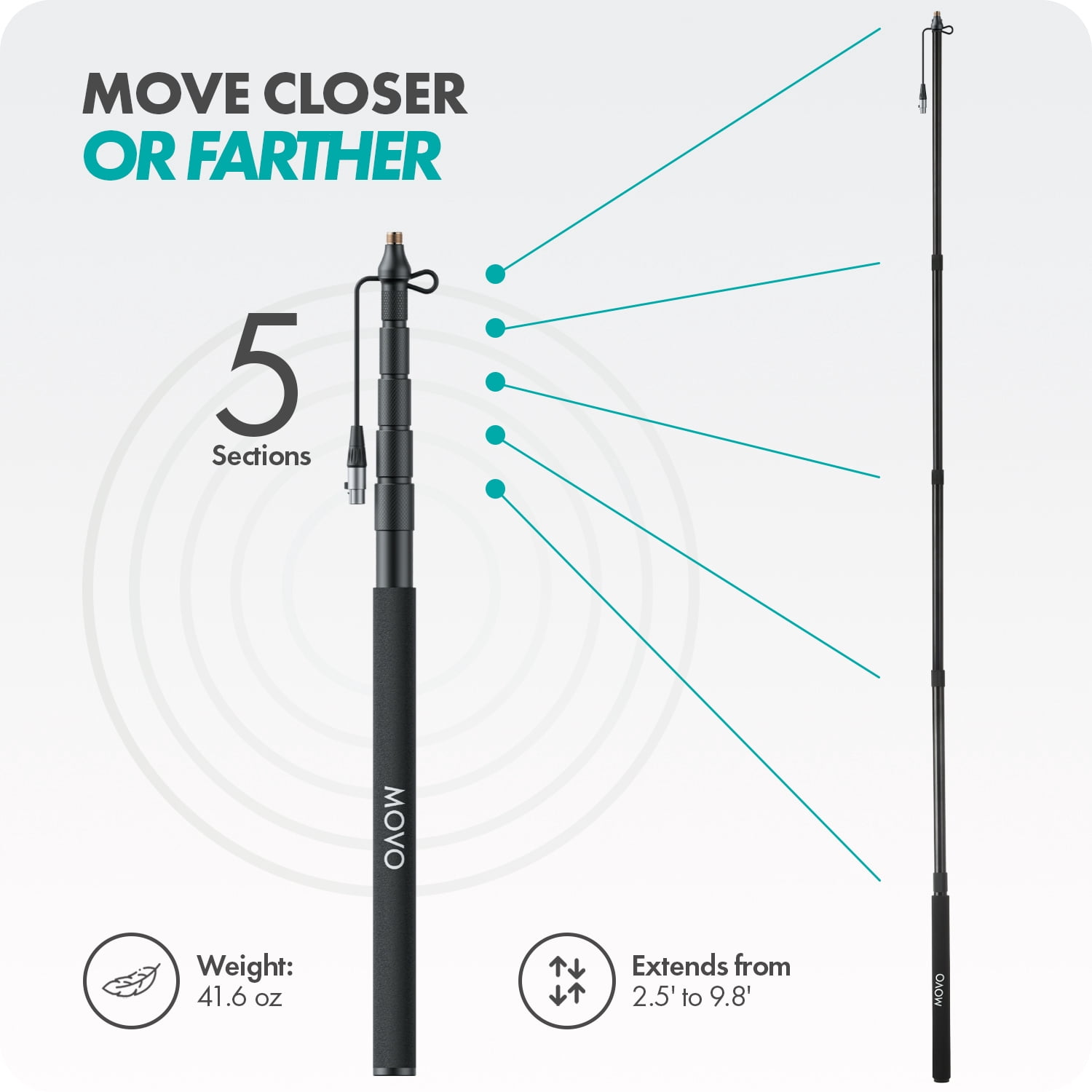 Movo CMP-17C Professional 9.8' Aluminum Boom Pole for Shotgun Microphones with Internal XLR Cable – Compatible with Rode NTG Series, Sennheiser MKE600, Audio-Technica AT875R & More