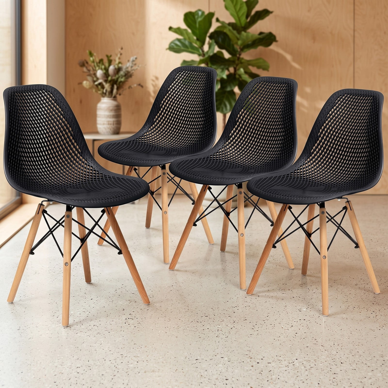 Furnibear Modern Plastic Dining Chair Set of 4, Mid-Century Hollow Kitchen Side Chairs with Solid Beech Wood Legs, Breathable Mesh Back, Waterproof Seat for, Black