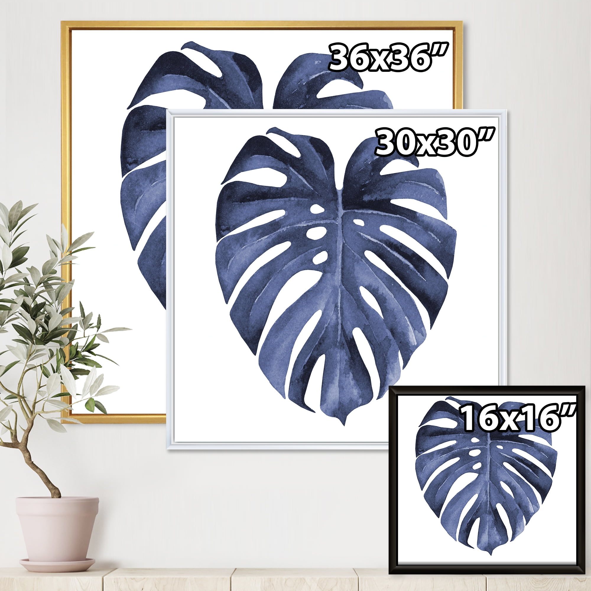 Designart 'Blue Watercolour Tropical Leaves III' Traditional Framed Canvas Wall Art Print