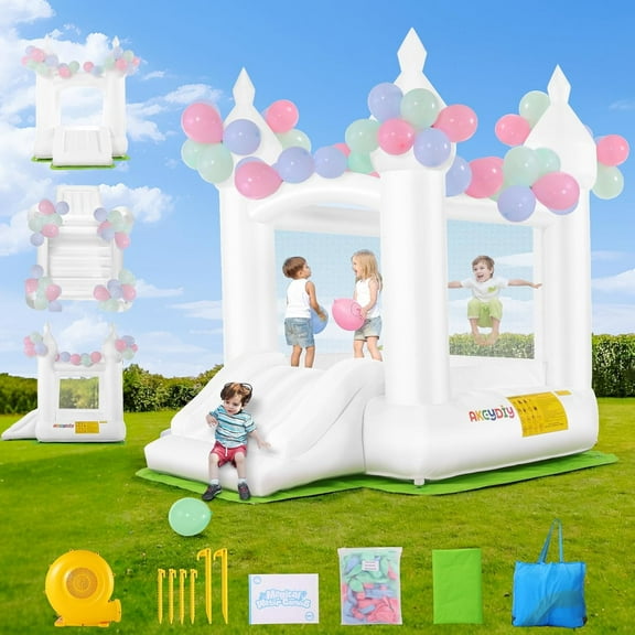 Qhomic Inflatable White Bouncy House with Blower, Bouncy Castle with Slide and Spacious Bouncing Area, White Jumping House is Suitable for Weddings, Parties, Birthdays, Indoor and Outdoor Decoration