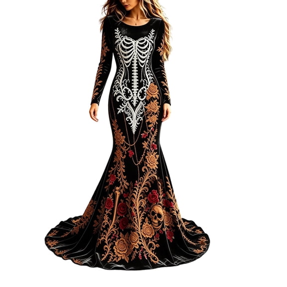 Xijirk Women Halloween Skull Rose Embroidered Maxi Dress Long Sleeve Round Neck Velvet Trailing Hem Outfit for Cosplay Party Festival Casual Gathering Wear,XL