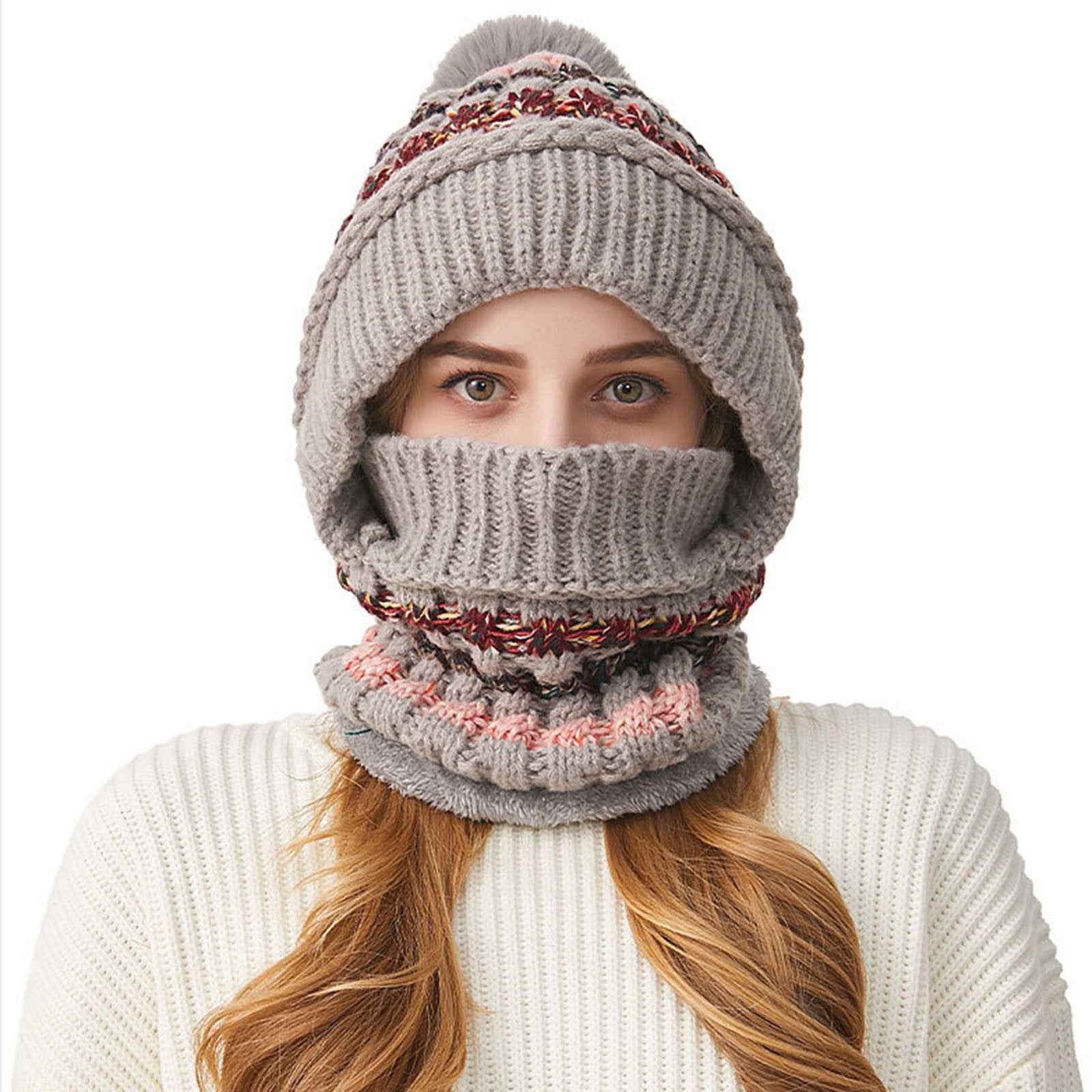 Cadancy Women Winter Hats 3 In 1 Beanie Hat with Scarf and Mask Chunky Knitted Color Block Snow Caps Pompom Cute Warm Stocking Cap Windproof Cozy Cold Weather Balaclava