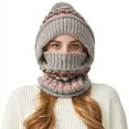thumbnail image 2 of Cadancy Women Winter Hats 3 In 1 Beanie Hat with Scarf and Mask Chunky Knitted Color Block Snow Caps Pompom Cute Warm Stocking Cap Windproof Cozy Cold Weather Balaclava, 2 of 5