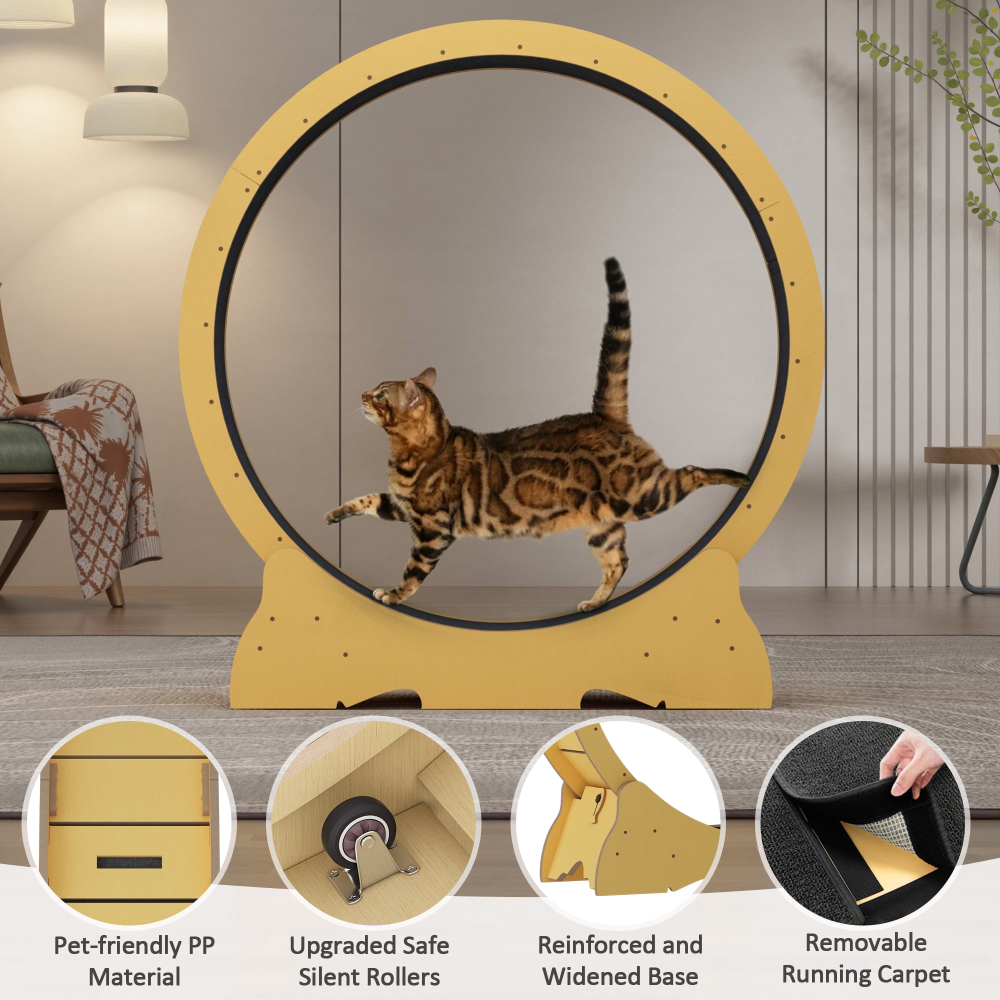 POLAHAKU 48'' Wooden Cat Wheel, Large Cat Wheel Treadmill for Indoor Cats, Detachable Carpet Cat Running Wheel with Cat Teaser Toy for Exercise, Walking, Training, Fits Most Cats Natural Wood