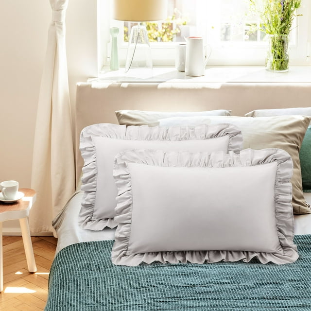 PiccoCasa 2 Pcs 100% Cotton Ruffled Pillowcases Soft with Envelope Isabelline Queen