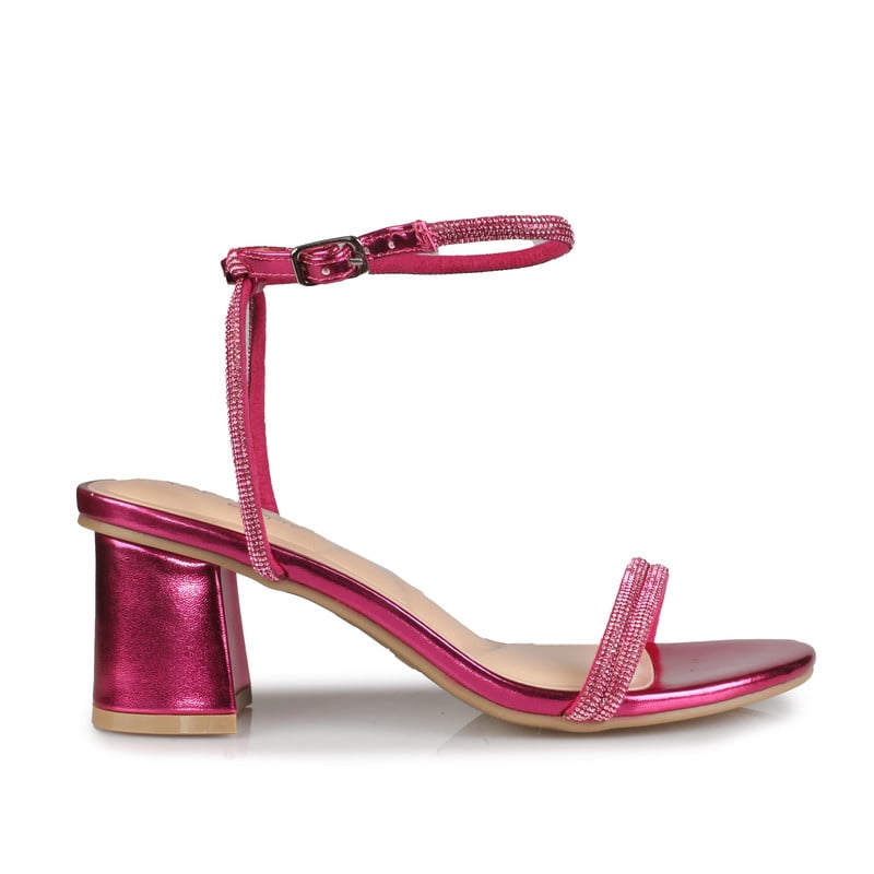 Women's Comfort Memory Foam Rhinestones Strap Metallic Fuchsia Evening Party Heeled Sandals