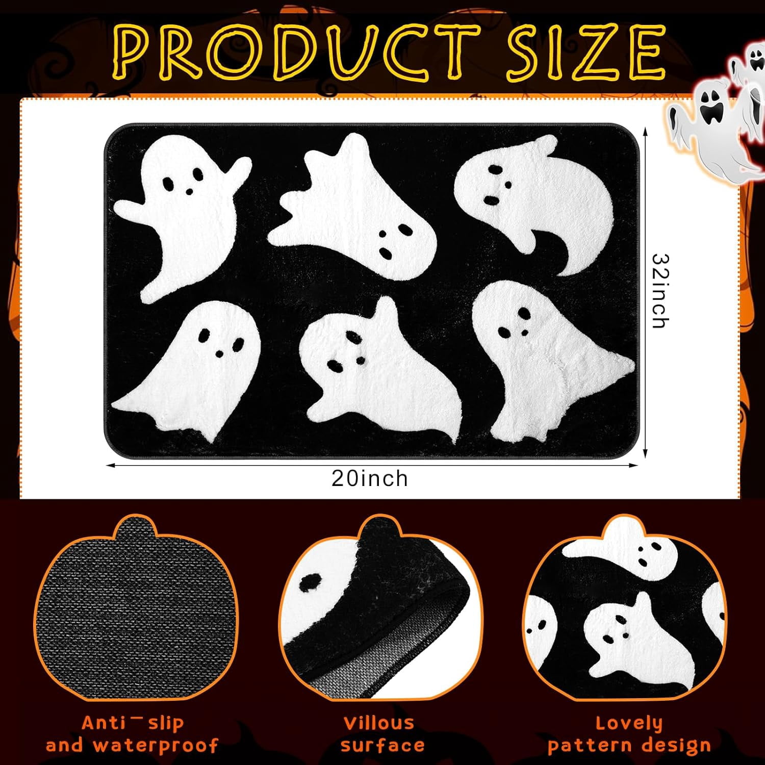 Halloween Ghost Bathroom Rug Cute Spooky Halloween Bathroom Decor Non Slip Halloween Bath Mat Machine Washable Ghost Shower Floor Mat Halloween Rug for Bathroom Home Decor(Black, White)