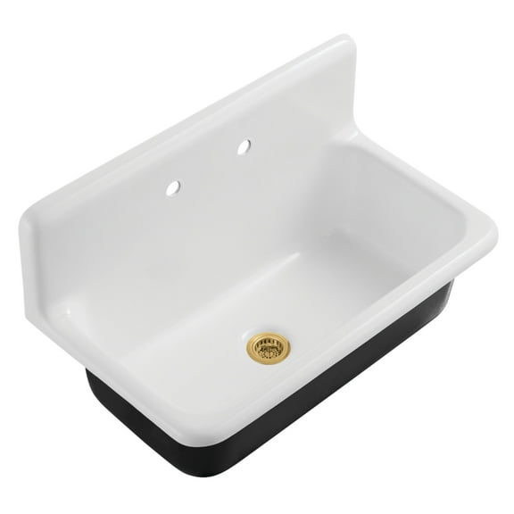 Kingston Brass Petra Galley KGCKWS3620117 Cast Iron Single Bowl Wall Mount Kitchen Sink with 2-Hole Drain and Strainer, White/Brushed Brass