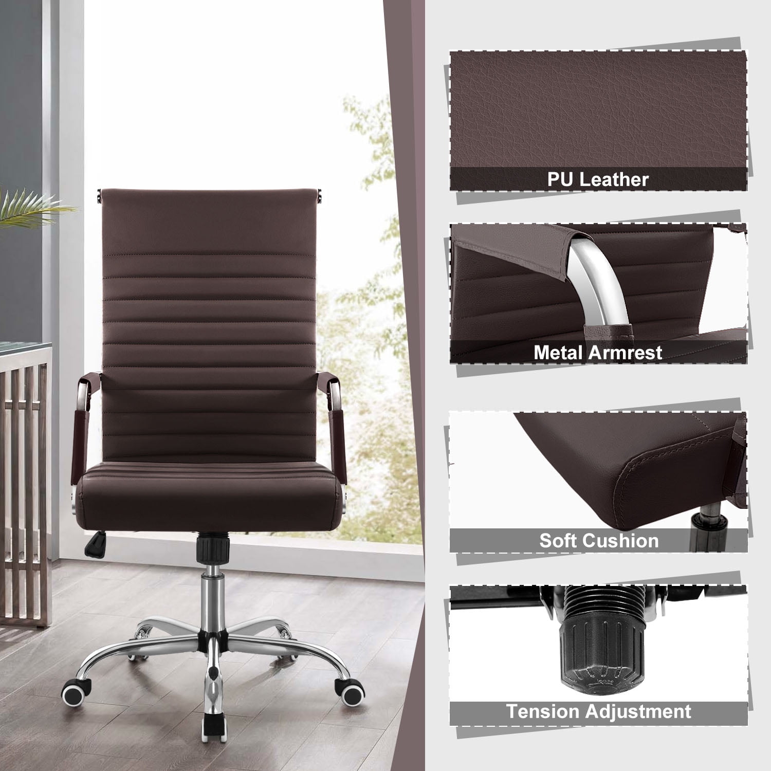 Lacoo Mid-Back Faux Leather Office Desk Chair Executive Conference Task Chair with Arms, Brown