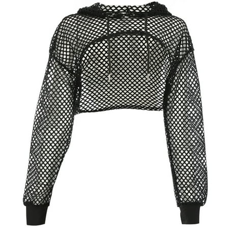 

cdar Women Casual Vest Bra Cover Fish Net Hollow out Drawstring Micro Length Hoodie Hoodie