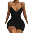 thumbnail image 3 of Women'S 2025 V Neck Spaghetti Straps Wrap Ruched Sheath Bodycon Cocktail Evening Party Night Club Dresses Black L, 3 of 9