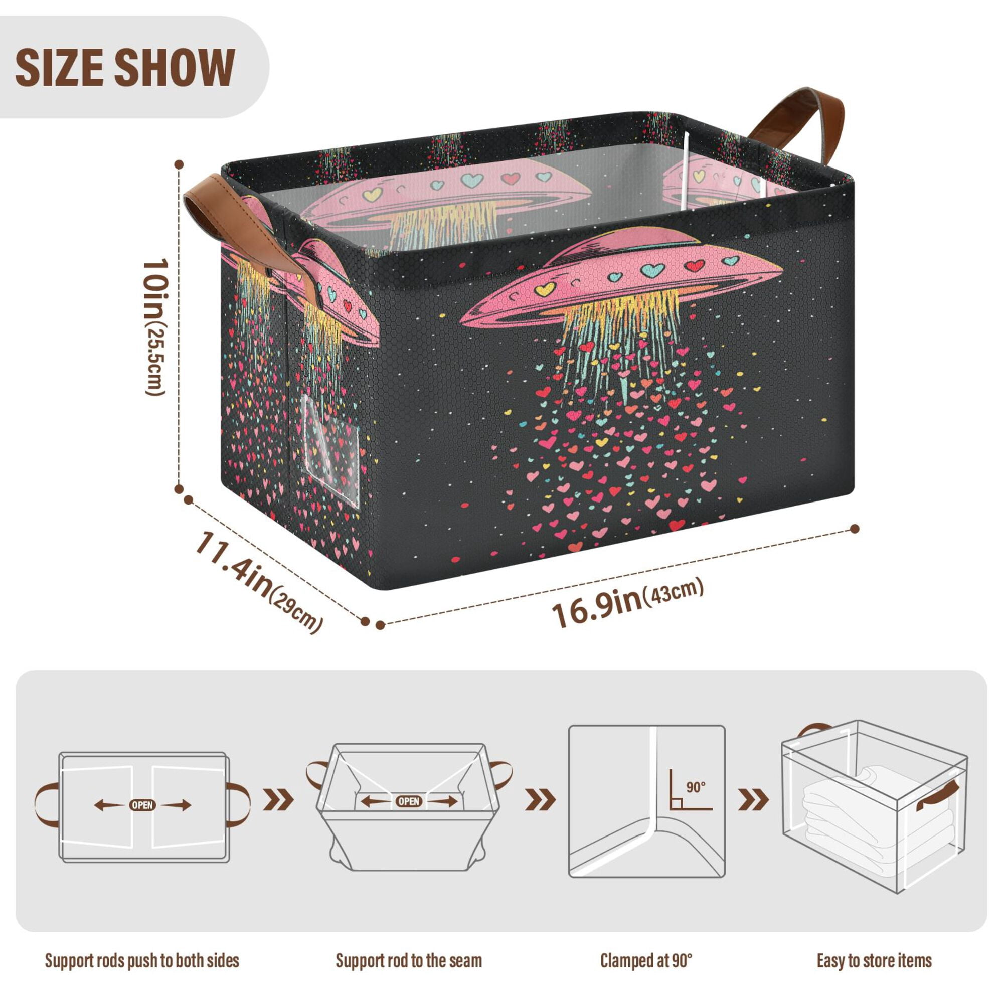 Yayeee Foldable Storage Basket for Shelves Waterproof Cloth Bins with Handles, UFO with Hearts Pattern