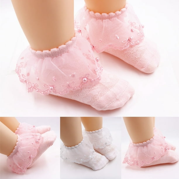 Honganda Cute Princess Kids Baby Girl Lace Socks Toddler Girls Pearls Soft Ruffle Socks Newborn Cotton Mesh Thin Stocking 0-12years Pink