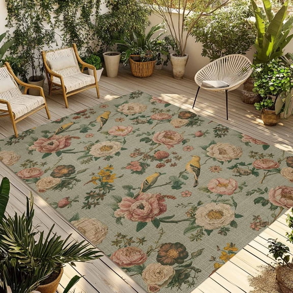 Vintage Spring Floral Outdoor Rug for Patio/Deck/Porch, Non-Slip Large Area Rug 5 x 7 Ft, Farmhouse Flowers Green Vintage Indoor Outdoor Rugs Washable Area Rugs, Reversible Camping Rug Carpet Runner