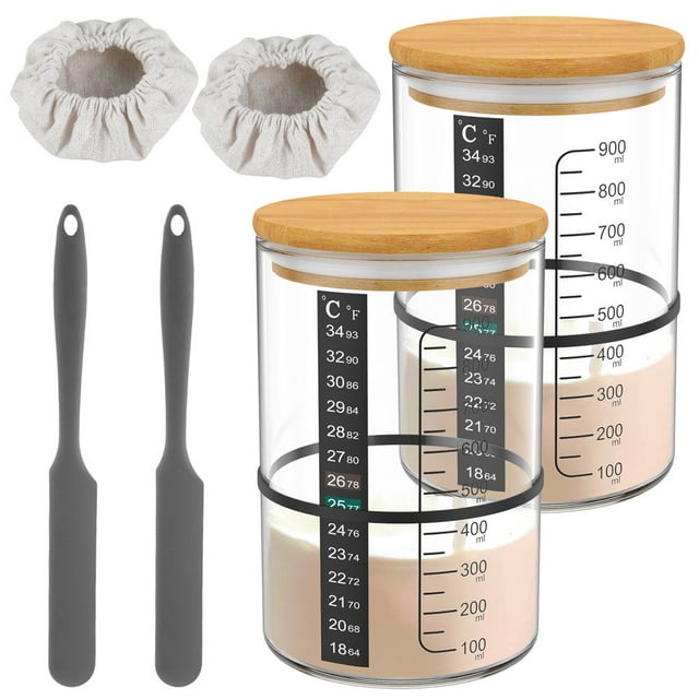 Lindbes Kit de Pot de Démarrage de Levain 900ml Grande Capacité Récipient de Démarrage de Levain Réutilisable Bocal de Fermentation en Verre à Grand Ouverture avec Marquage Transparent pour Cuisson de Levain