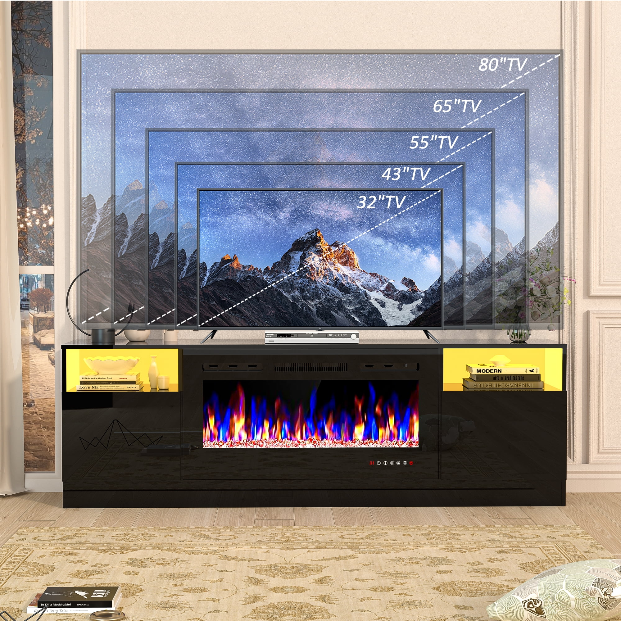 HARIPUL 70" Fireplace TV Stand for TVs Up to 80" with 36" Electric Fireplace, TV Console for The Living Room, LED Light Entertainment Center, Storage Cabinet, Media Console Table, Black