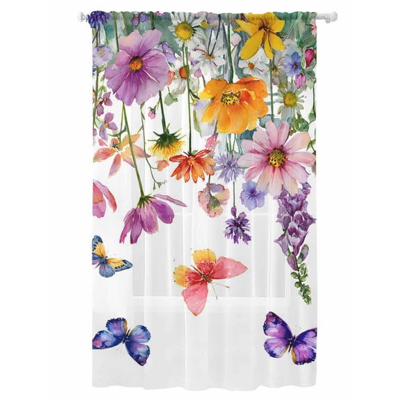 Sheer Curtains 84 Inches Long, Spring Floral Semi Sheer Curtains Light Filtering Window Treatment, Farmhouse Flowers Butterfly Watercolor Privacy Voile Drapes for Living Room Bedroom 52x84 Inch