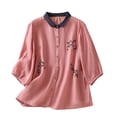 thumbnail image 2 of Ounisa Womens 3/4 Sleeve Blouses Collared Full Placket Buttons Embroidery Patchwork Cotton Linen Casual Summer Office Tops M-2XL, 2 of 6