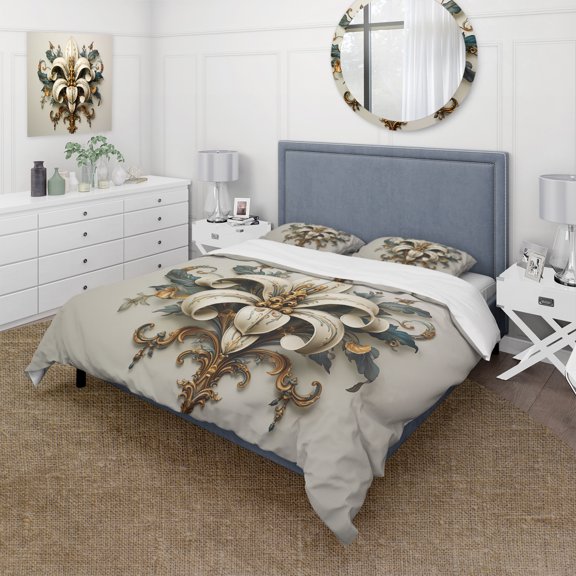 Designart "Fleur-De-Lis Capturing the Stylized Lily II" Floral Bedding Covert Set - Symbols Yellow Fantasy Bed Set With 2 Shams