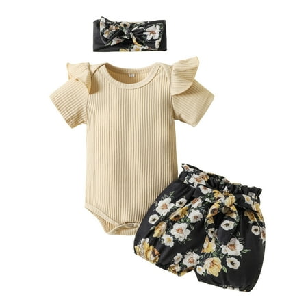 

Baby Girl Outfits Kids Clothes Ribbed Romper Tops Floral Shorts Short Sleeve Headband Set Spring Summer Girls Clothes Khaki 3 Months-6 Months