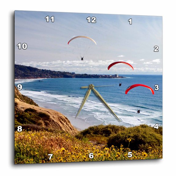 3drose, California, La Jolla. Paragliders Float Toward La Jolla Shores, 10x10 Wall Clock