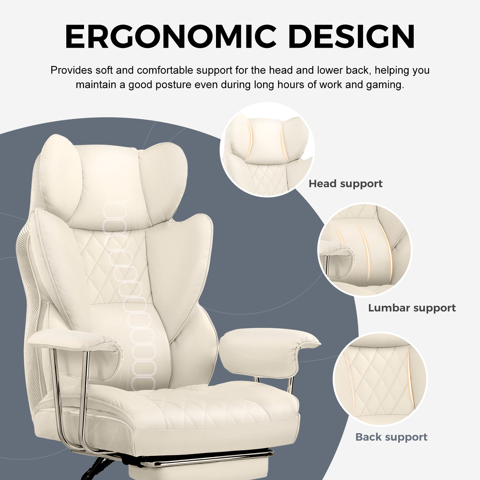 EXRACING Ergonomic Big and Tall PU Leather Gaming Chair with Footrest, Beige